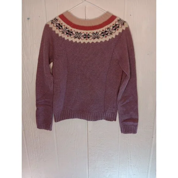 Old Navy Sweater Women S Purple Pink Floral Wool Blend Pullover V Neck Fair Isle - Picture 5 of 5